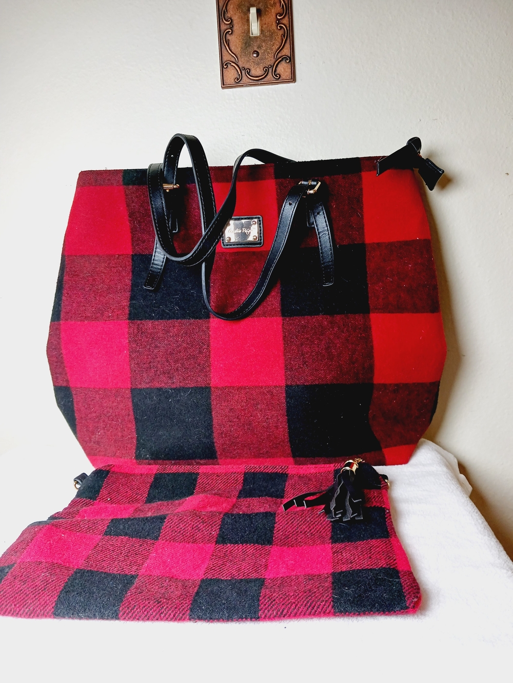 Black & Red Check Tote Bag with Matching Clutch